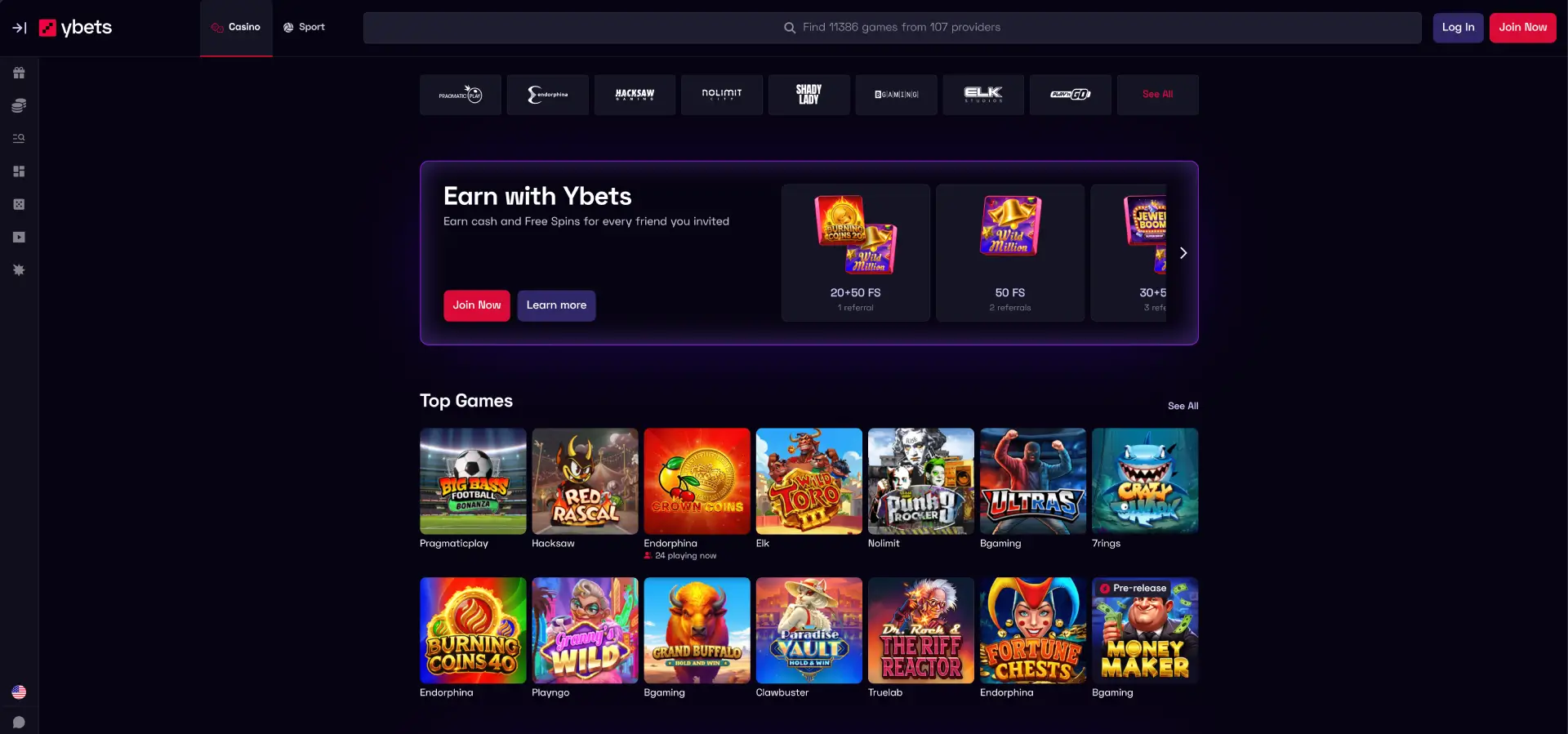 Ybets Casino Lobby mit Slots Sportwetten und Live Casino Bereichen